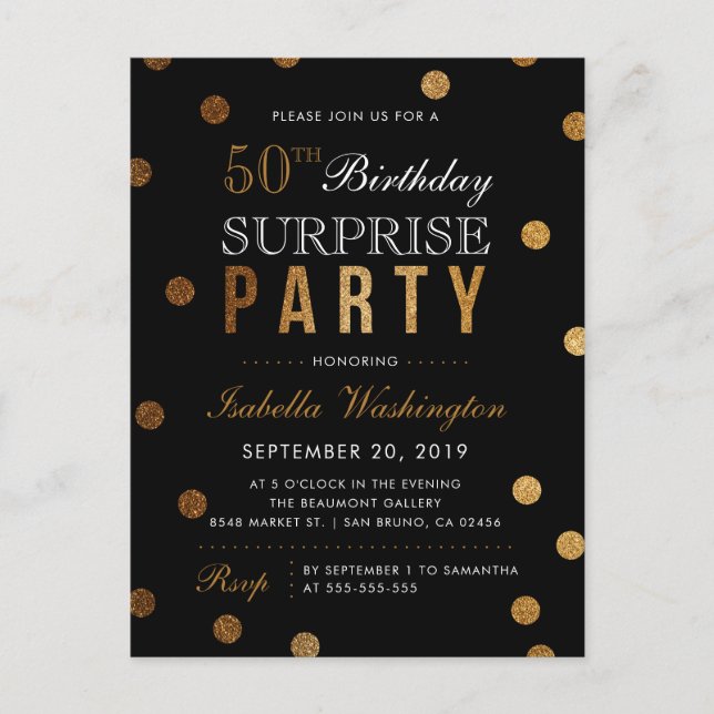 Invitation Carte Postale Parties scintillant Noir & Or Confetti Surprise Pa (Devant)