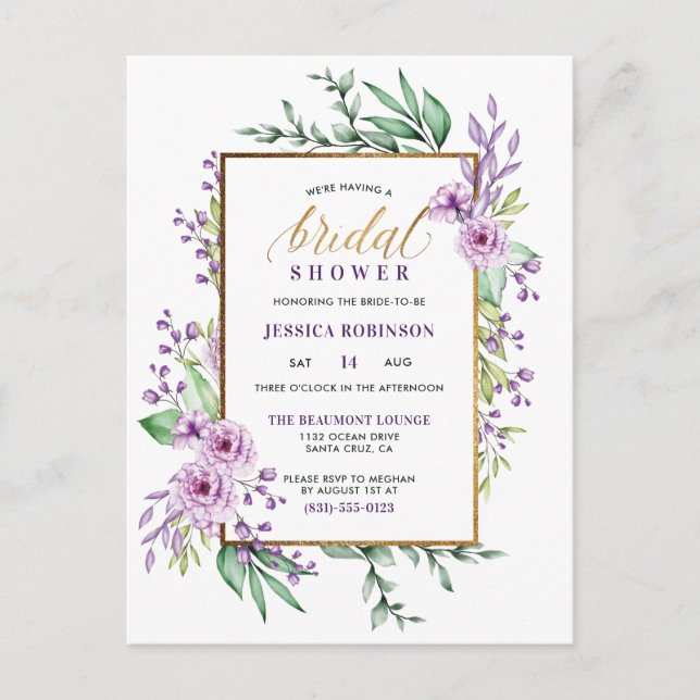 Invitation Carte Postale Parties scintillant or Fleurs violettes Fête des m (Devant)