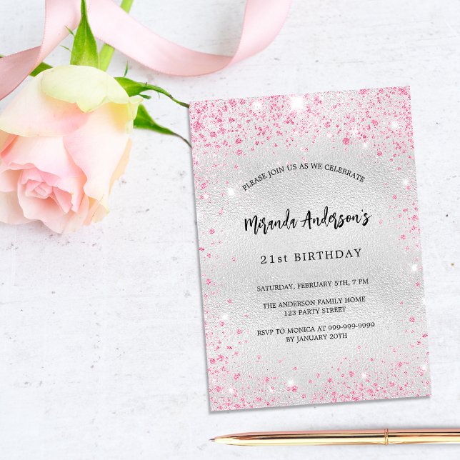 Invitation Carte Postale Parties scintillant rose argent d'anniversaire élé (Créateur téléchargé)