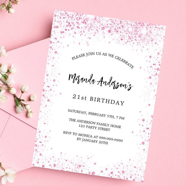 Invitation Carte Postale Parties scintillant rose blanc d'anniversaire scin (Créateur téléchargé)