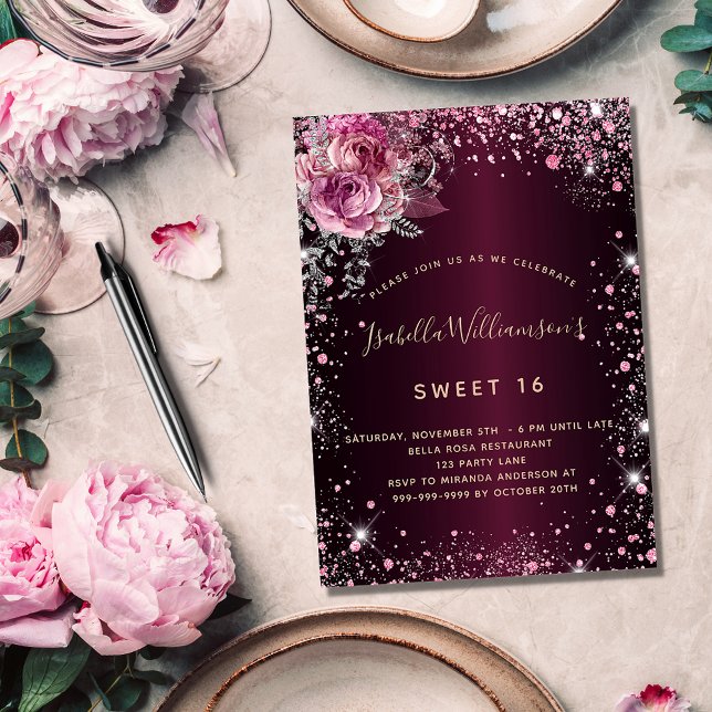 Invitation Carte Postale Parties scintillant rose bordeaux d'anniversaire f (Créateur téléchargé)