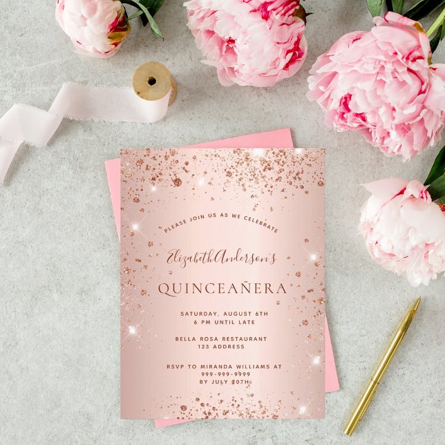 Invitation Carte Postale Parties scintillant rose d'or Quinceanera glam éti (Créateur téléchargé)