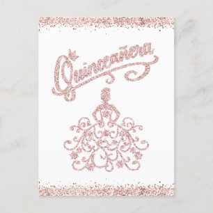 Invitation Carte Postale Parties scintillant rose pâle Quinceañera 15 Crown
