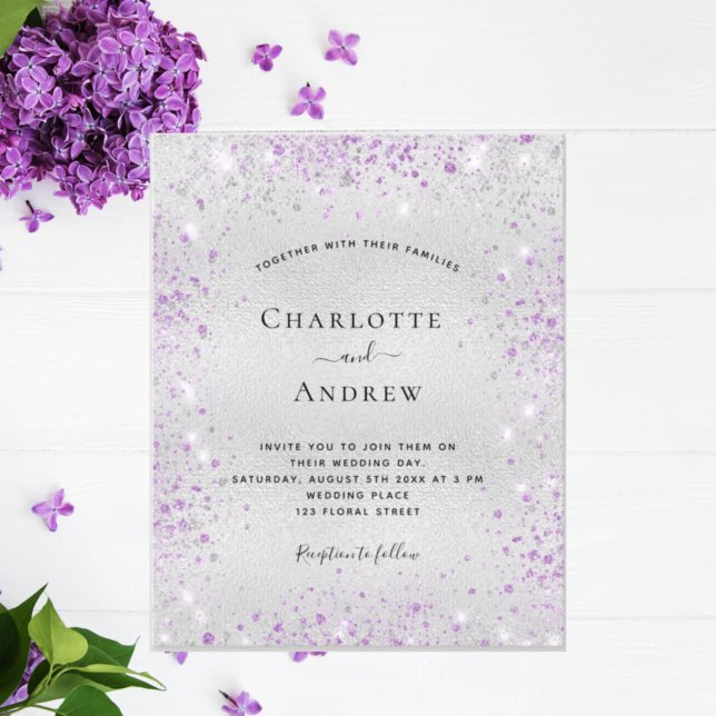 Invitation Carte Postale Parties scintillant violet argent mariage élégant (Créateur téléchargé)