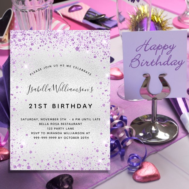 Invitation Carte Postale Parties scintillant violet argenté d'anniversaire (Créateur téléchargé)