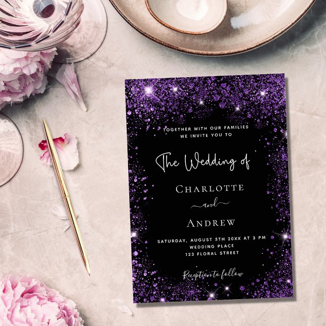 Invitation Carte Postale Parties scintillant violet noir mariage élégant (Créateur téléchargé)