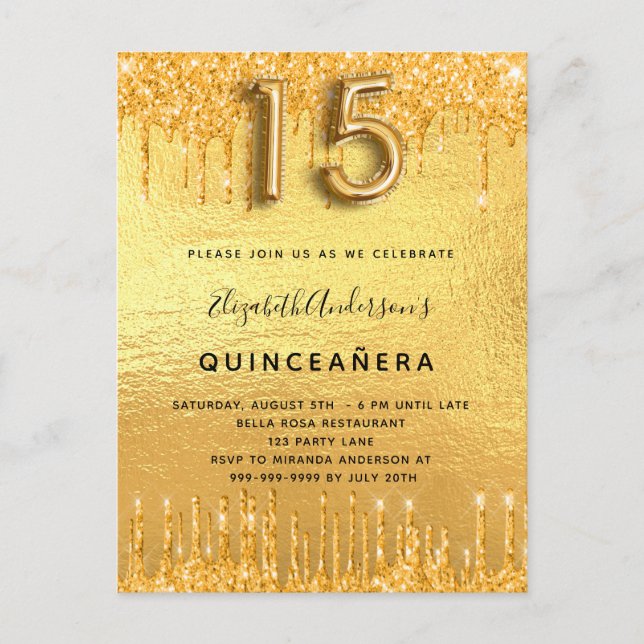 Invitation Carte Postale Partition Quinceanera gouttes d'or (Devant)