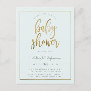 Invitation Carte Postale Pastel Blue & Gold Typographie Baby shower garçon