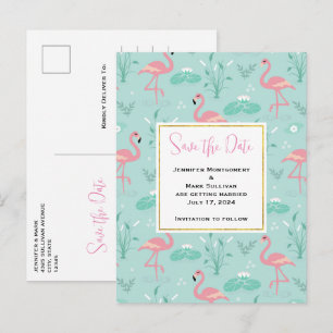 Invitation Carte Postale Pastel Flamants roses rose Motif vert Enregistrer
