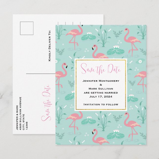 Invitation Carte Postale Pastel Flamants roses rose Motif vert Enregistrer  (Devant / Derrière)