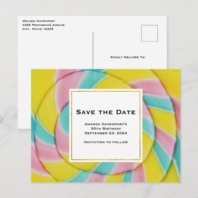 Invitation Carte Postale Pastel Rainbow Spiral Candy Enregistrer la date (Devant / Derrière)