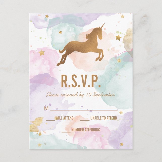 Invitation Carte Postale Pastel Unicorn fête d'anniversaire RSVP (Devant)