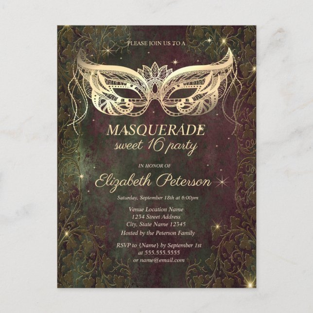 Invitation Carte Postale Patina Copper Gold Masque Sweet 16 (Devant)