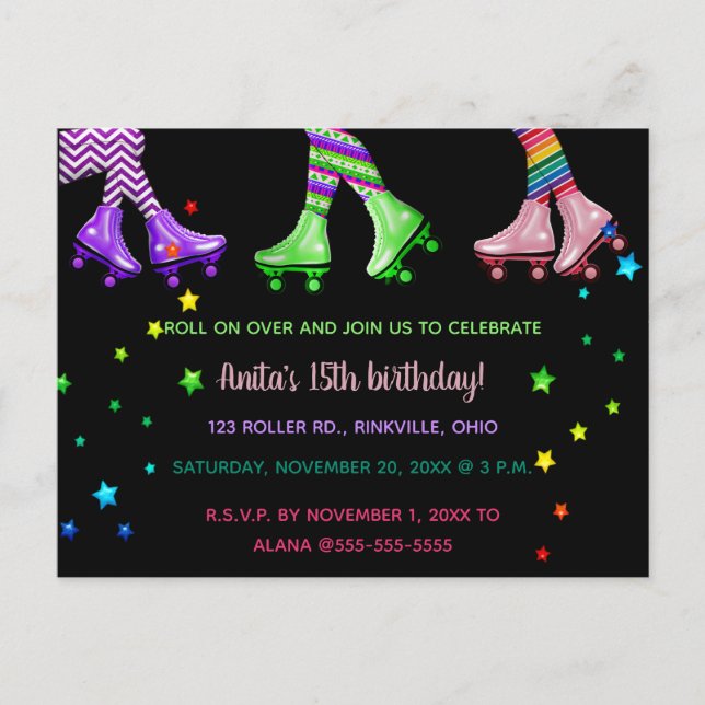 Invitation Carte Postale Patinage à rouleaux modifiable fête d'anniversaire (Devant)