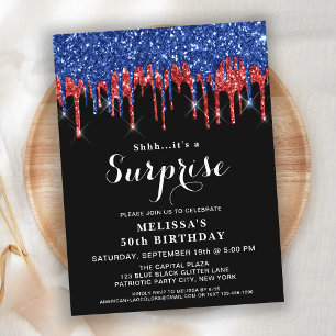 Invitation Carte Postale Patriotique Anniversaire Rouge Bleu Parties scinti