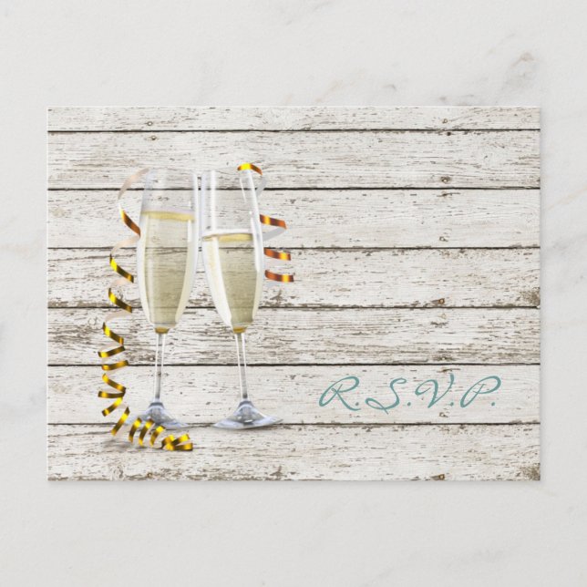 Invitation Carte Postale pays français blanc bois blanc flûtes champagne (Devant)