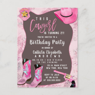 Invitation Carte Postale Pays Parties scintillant rose fille Aquarelle Anni