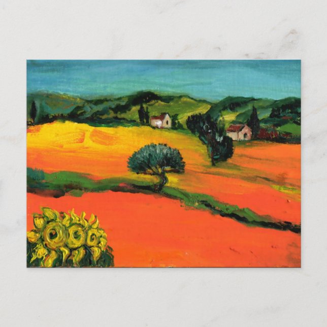 INVITATION CARTE POSTALE PAYSAGE DE TOSCANE AVEC TOURNESOLS EN ROUGE ORANGE (Devant)