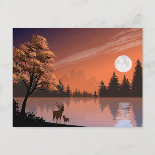 Invitation Carte Postale Paysage du lever du soleil avec lac et Deers-51207
