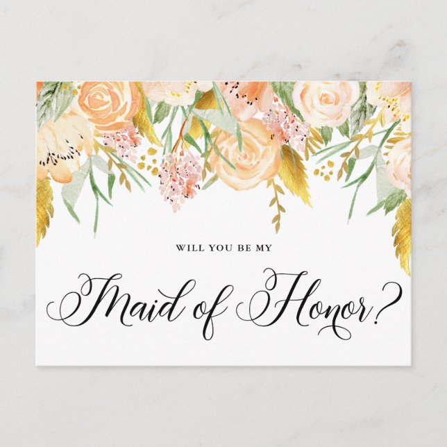 Invitation Carte Postale Peach Flowers Gold Serez-vous ma femme d'honneur (Devant)