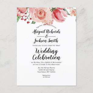 Invitation Carte Postale Peach Watercolor Floral Top Bordure Mariage tendan