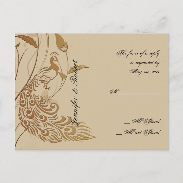 Invitation Carte Postale Peacock Art Déco Bronze Floral RSVP Postcard v2 (Devant)