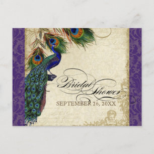 Invitation Carte Postale Peacock & Feathers Fête des mariées formelle viole