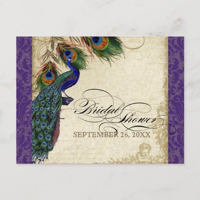 Invitation Carte Postale Peacock & Feathers Fête des mariées formelle viole (Devant)