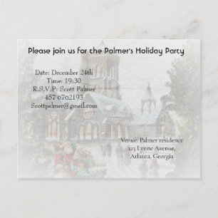Invitation Carte Postale Père Noël ancienne avec enfants devant une église