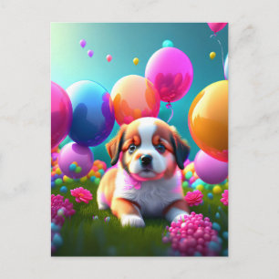 Invitation Carte Postale Petit chiot avec ballons - anniversaire