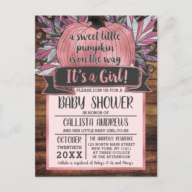 Invitation Carte Postale Petit Citrouille Feuilles D'automne Rose Bois Baby (Devant)