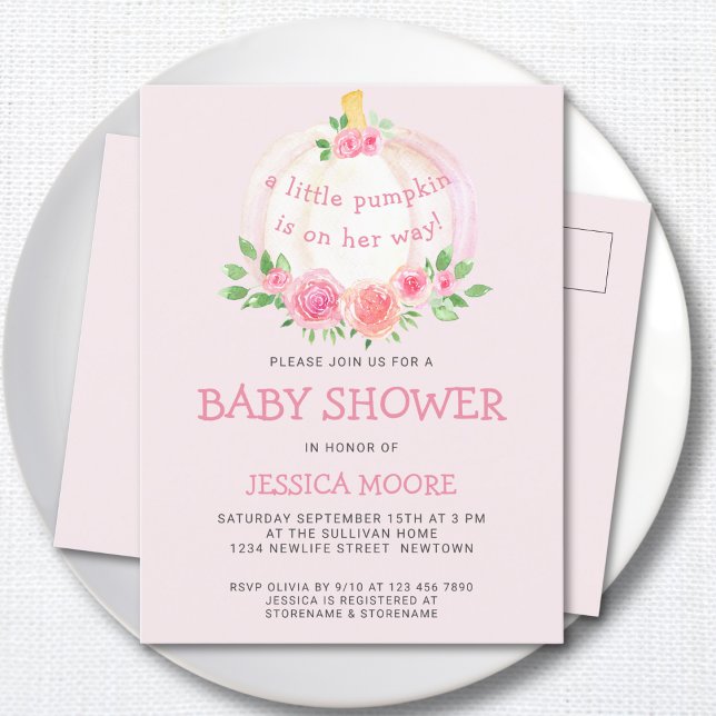 Invitation Carte Postale Petite Citrouille Sur Son Chemin Baby shower Rose (Créateur téléchargé)