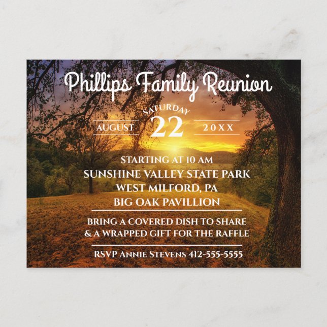 Invitation Carte Postale Photo du lever du soleil de la Réunion familiale (Devant)