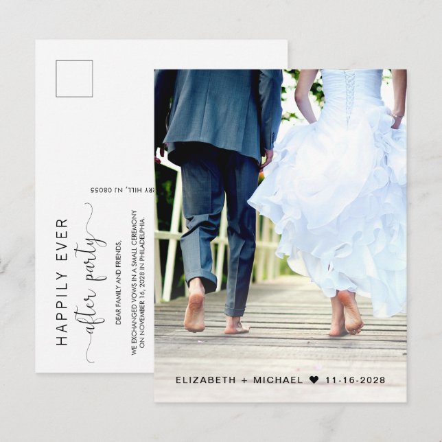 Invitation Carte Postale Photo mariage Heureusement Jamais Après La Récepti (Devant / Derrière)