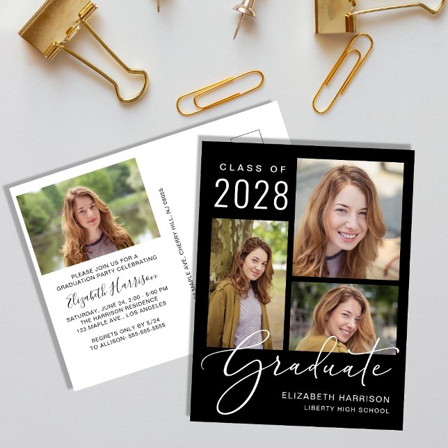 Invitation Carte Postale Photo moderne Black Graduation Party (Créateur téléchargé)