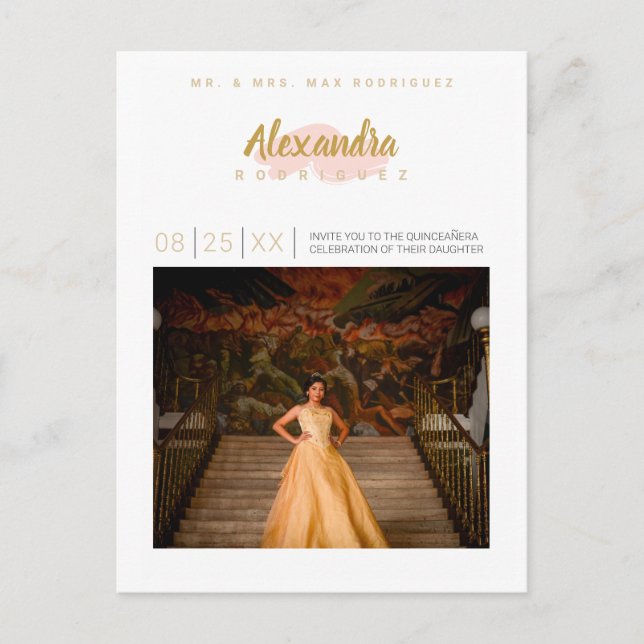 Invitation Carte Postale Photo Quinceanera rose et or (Devant)