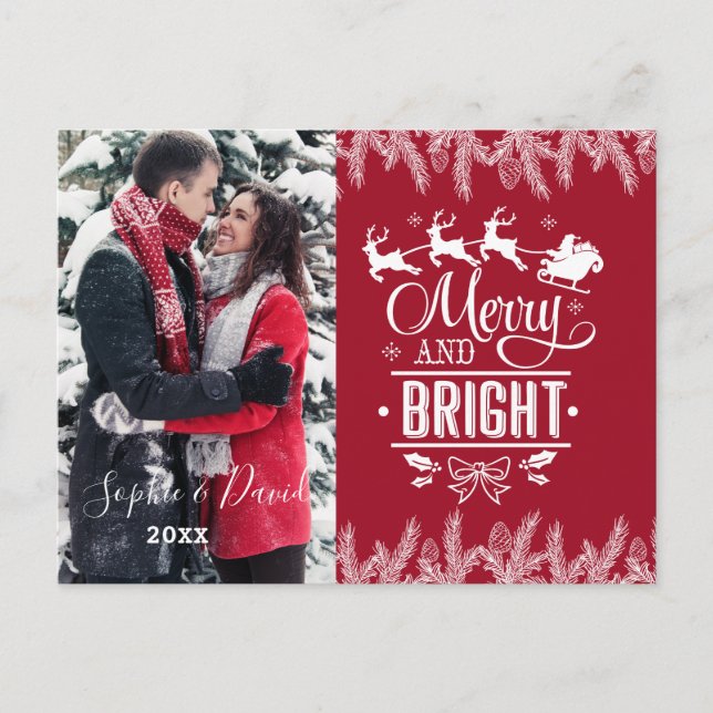 Invitation Carte Postale Photo Xmas Merry et Bright Script Gold Pine (Devant)