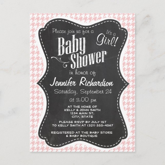 Invitation Carte Postale Pied de fond rose bébé; Retro Chalkboard look (Devant)