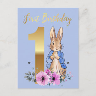Invitation Carte Postale Pierre le Rabbit Gold 1er anniversaire