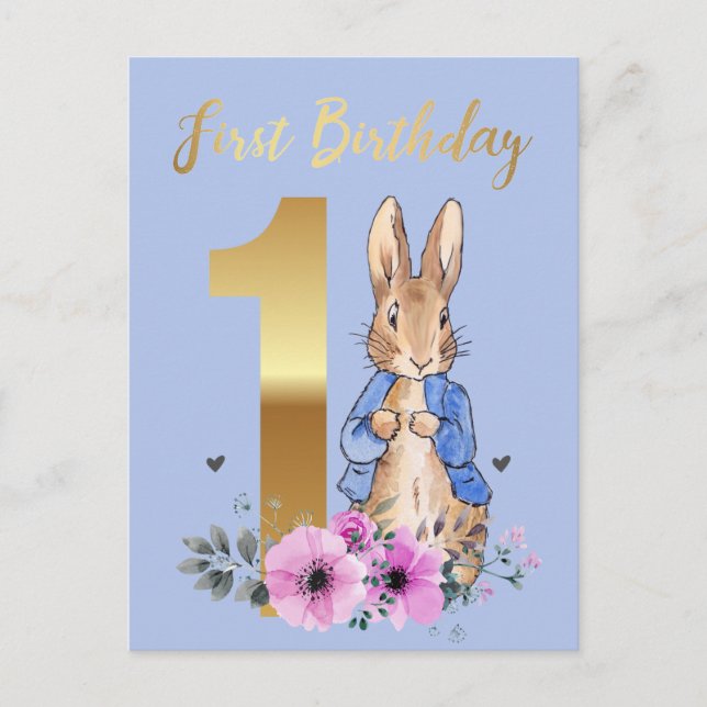 Invitation Carte Postale Pierre le Rabbit Gold 1er anniversaire (Devant)