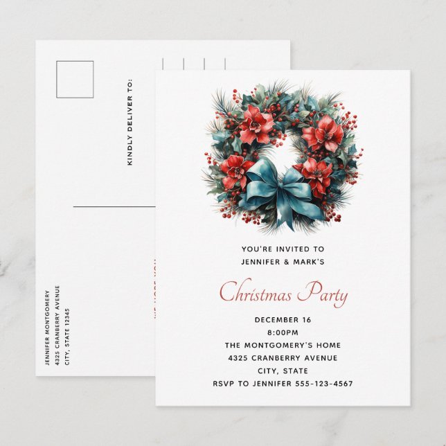 Invitation Carte Postale Pine Wreath avec Holly Christmas (Devant / Derrière)
