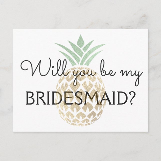 Invitation Carte Postale Pineappical Tropical Gold Will you be my Bridesmai (Devant)