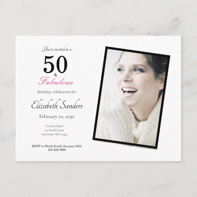 Invitation Carte Postale Pink 50 et fabuleuse fête d'anniversaire (Devant)