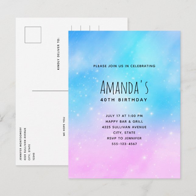 Invitation Carte Postale Pink and Blue Pastel Gradient Sky Anniversaire (Devant / Derrière)
