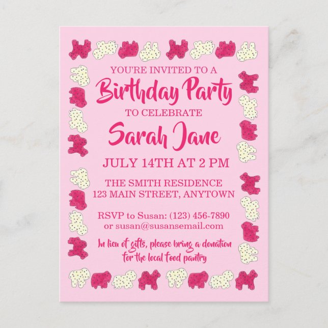 Invitation Carte Postale Pink Animal Crackers Cookies Circus Anniversaire (Devant)