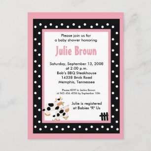 Invitation Carte Postale Pink & Black Girly Moo Vache Bébé Douche Invitatio