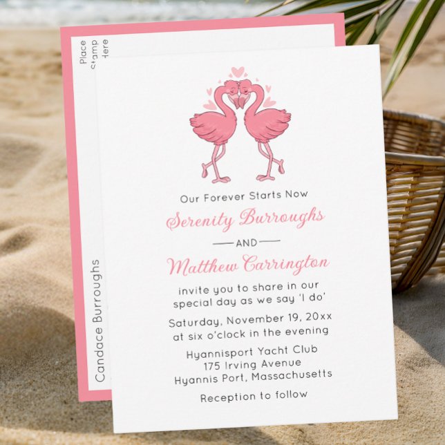 Invitation Carte Postale Pink Flamingo Hawaiian Tropical Beach Wedding (Créateur téléchargé)