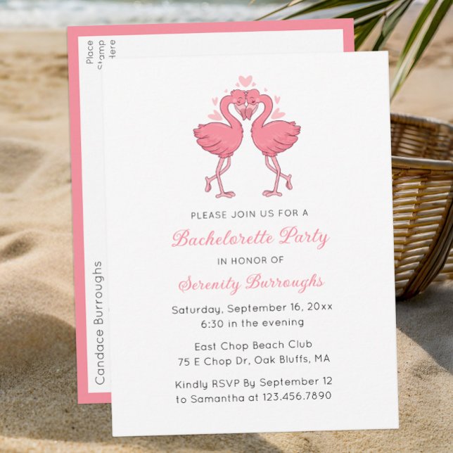 Invitation Carte Postale Pink Flamingo Tropical Beach Bachelorette Party (Créateur téléchargé)