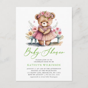 Invitation Carte Postale Pink Floral Greenery Élégant Script Girl Spectacle
