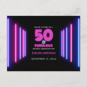 Invitation Carte Postale Pink Neon 50 & Fabulous 50th Birthday Party